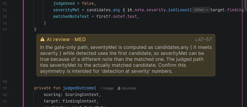 An inline AI review note anchored under the lines of code it describes