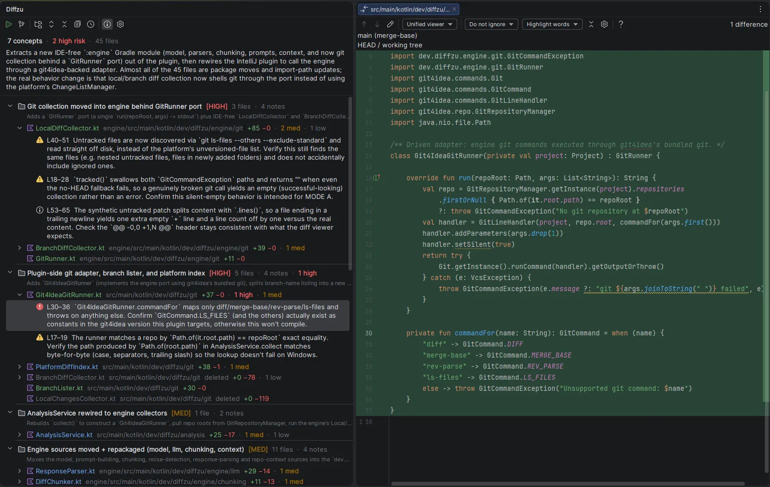 Diffzu results tree with concept groups, risk levels and review notes next to the code they describe