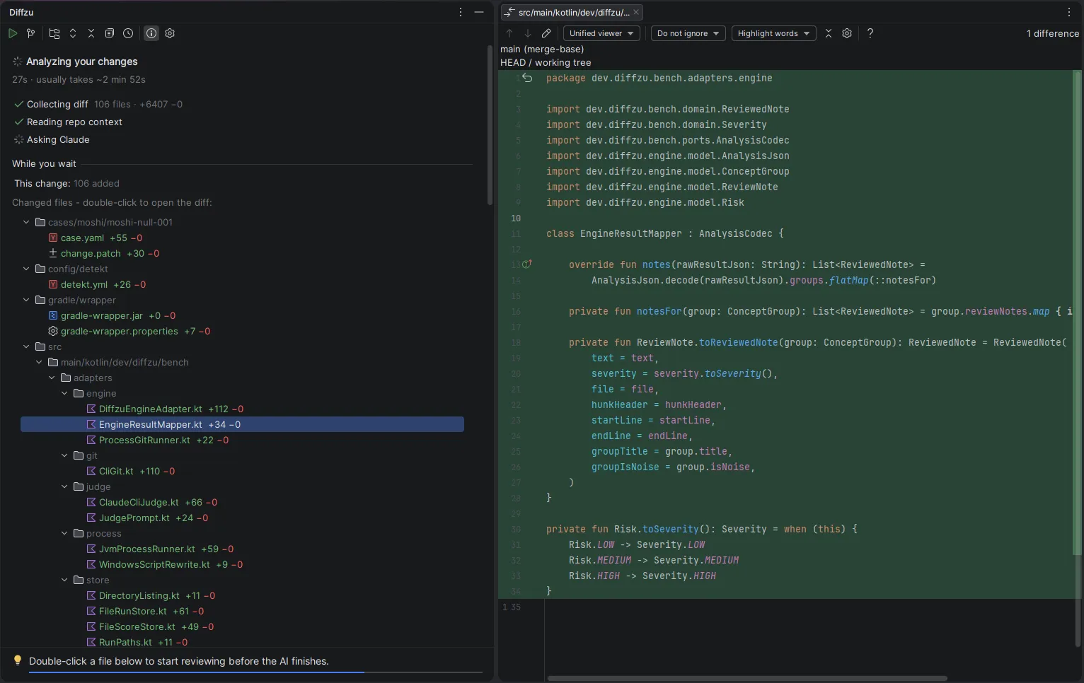Diffzu tool window analyzing a 106-file branch while a changed file is open in the diff viewer